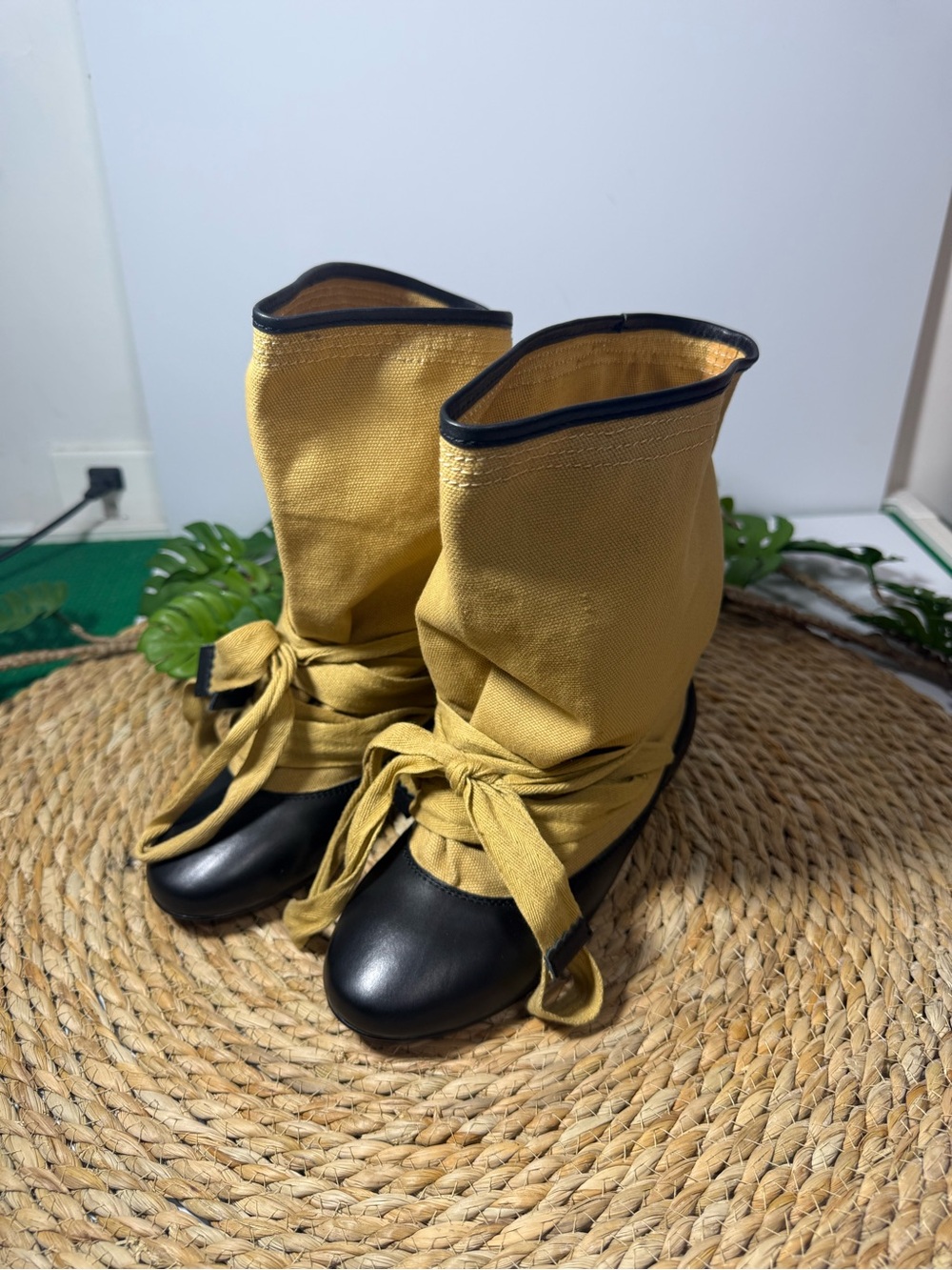 Isabel Marant Yellow Canvas Lace-Up Ankle Boots with Black Toe